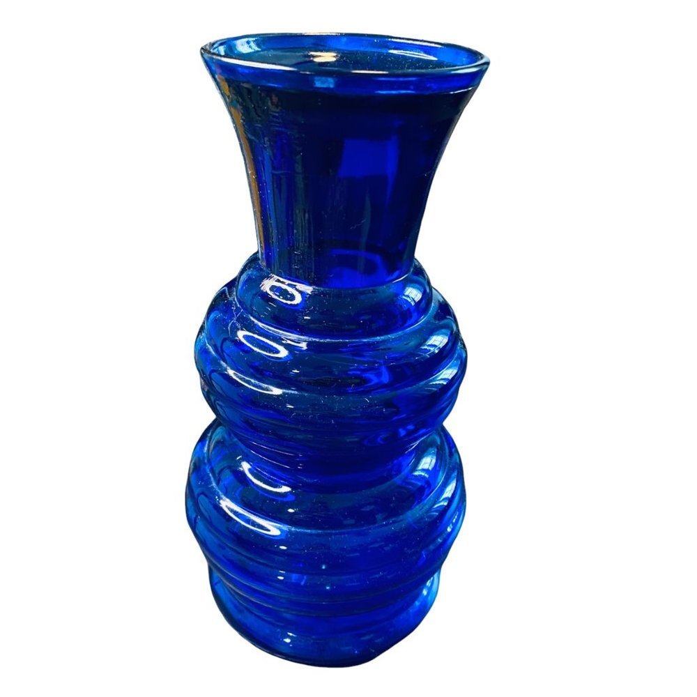 ANTIQUE 1930'S COBALT BLUE RIPPLE DOUBLE BUBBLE VASE - Picture 3 of 7